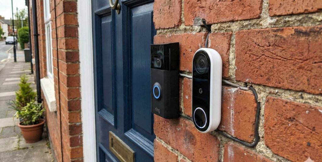 Ring and Nest video doorbells side by side on UK brick wall