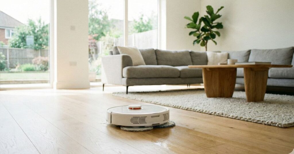 Robot vacuum with mop cleaning hardwood floor in UK living room