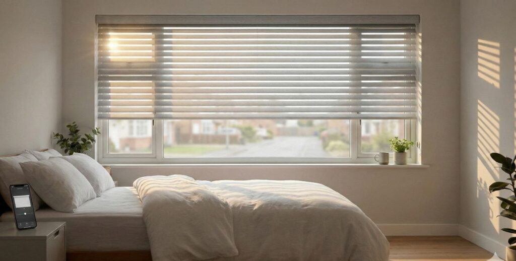 Motorised smart blinds in modern UK bedroom with morning sunlight