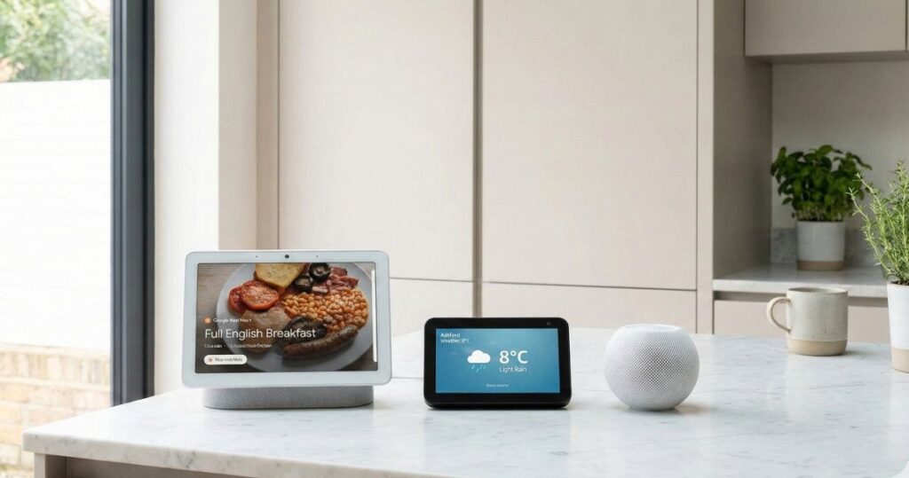 Smart home hubs on kitchen countertop - Nest Hub, Echo Show, HomePod Mini