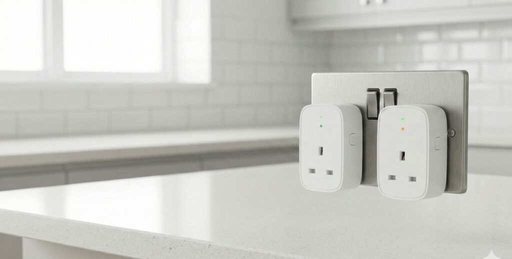 Smart plugs in UK three-pin sockets in modern kitchen