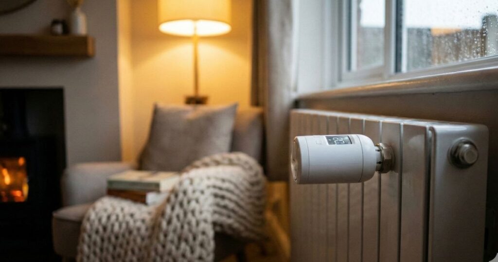 Smart thermostatic radiator valve on UK home radiator