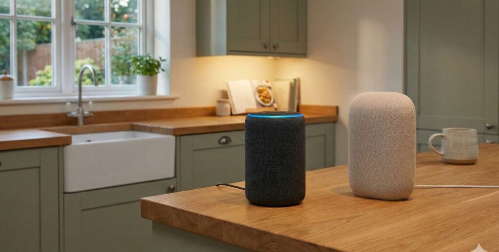 Amazon Echo and Google Nest smart speakers on UK kitchen countertop