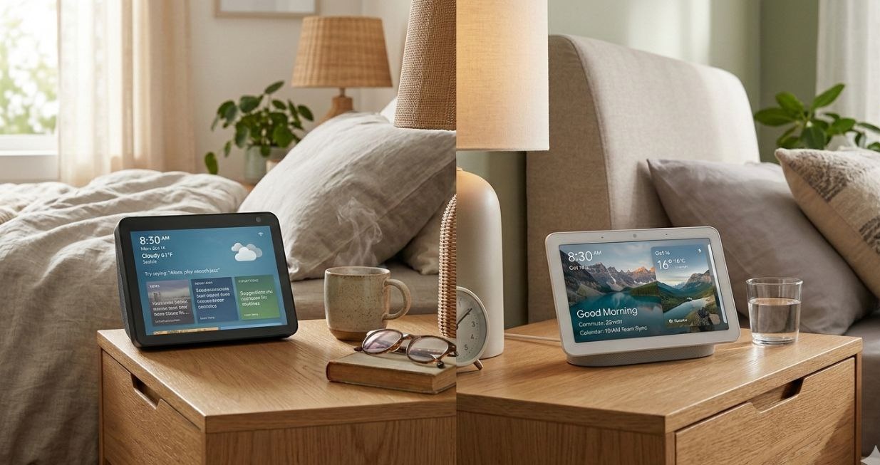 Amazon Echo Show 8 and Google Nest Hub on matching bedside tables