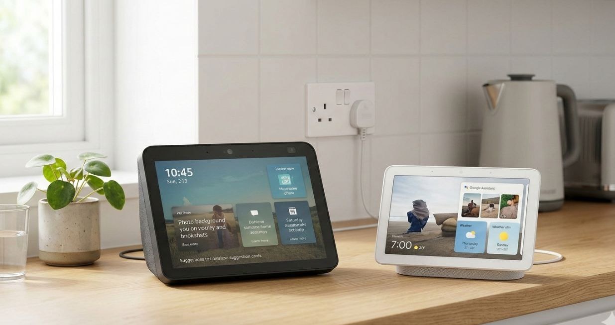 Echo Show 8 and Google Nest Hub side by side on a UK kitchen counter