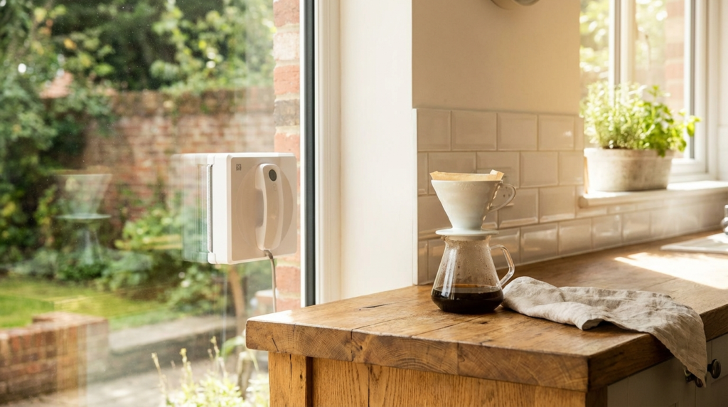 Robot window cleaner on glass in UK home