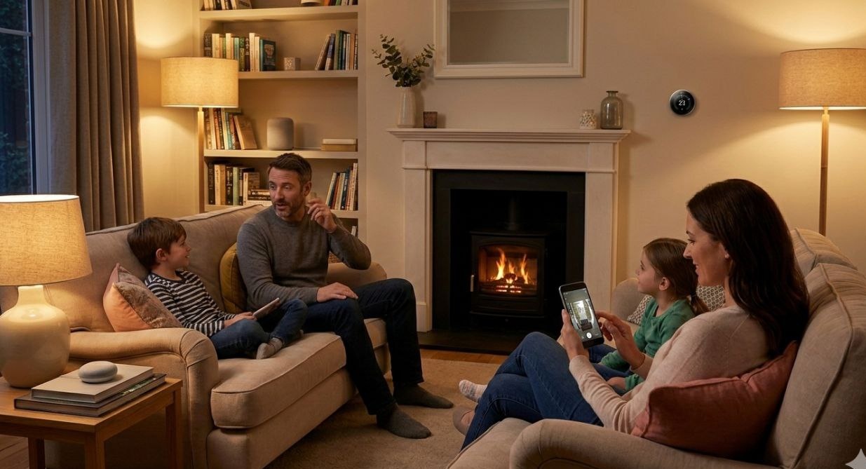 British family in living room surrounded by smart home devices including smart speaker thermostat and phone