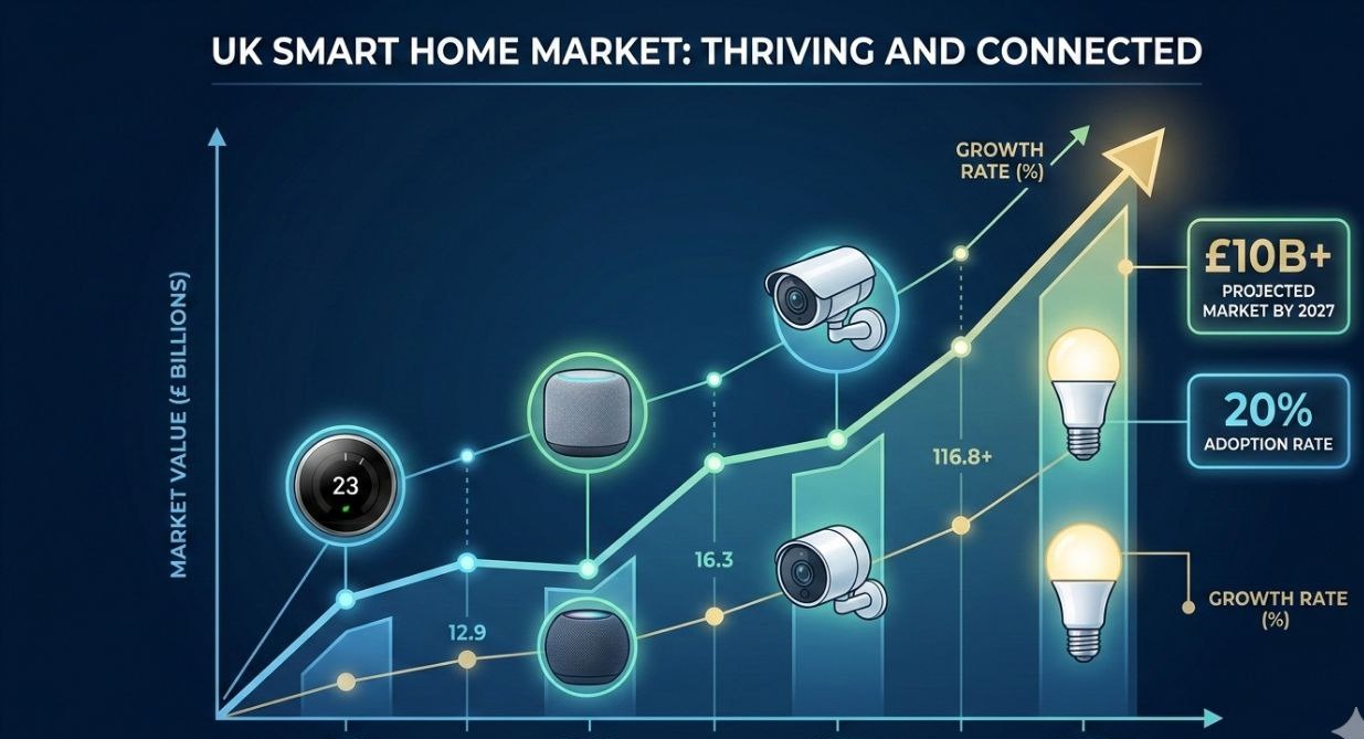 UK smart home market growth infographic showing market value rising to over 10 billion pounds by 2027