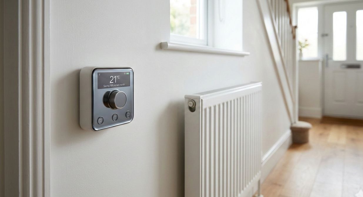 Smart thermostat showing 21 degrees and 18 percent energy savings mounted on UK home wall next to radiator