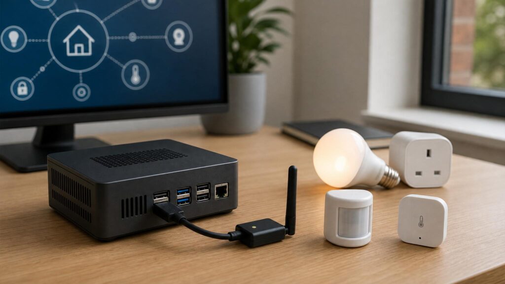 Home Assistant Zigbee dongle connected to a small home server with smart sensors