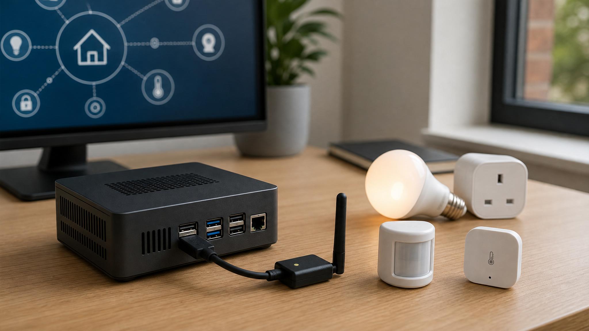 Home Assistant Zigbee dongle connected to a small home server with smart sensors