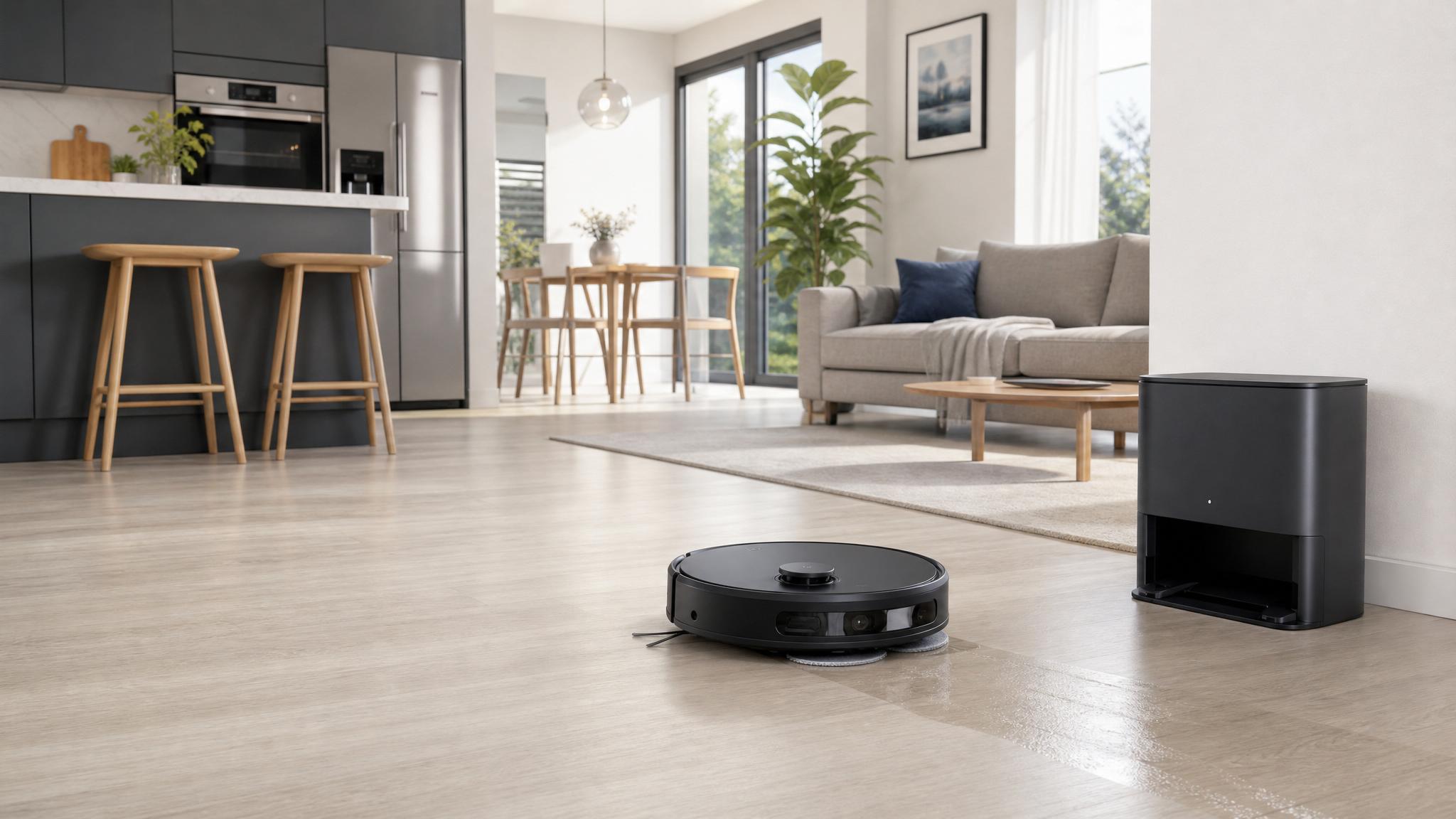 Robot vacuum and mop cleaning a modern UK open-plan hard floor
