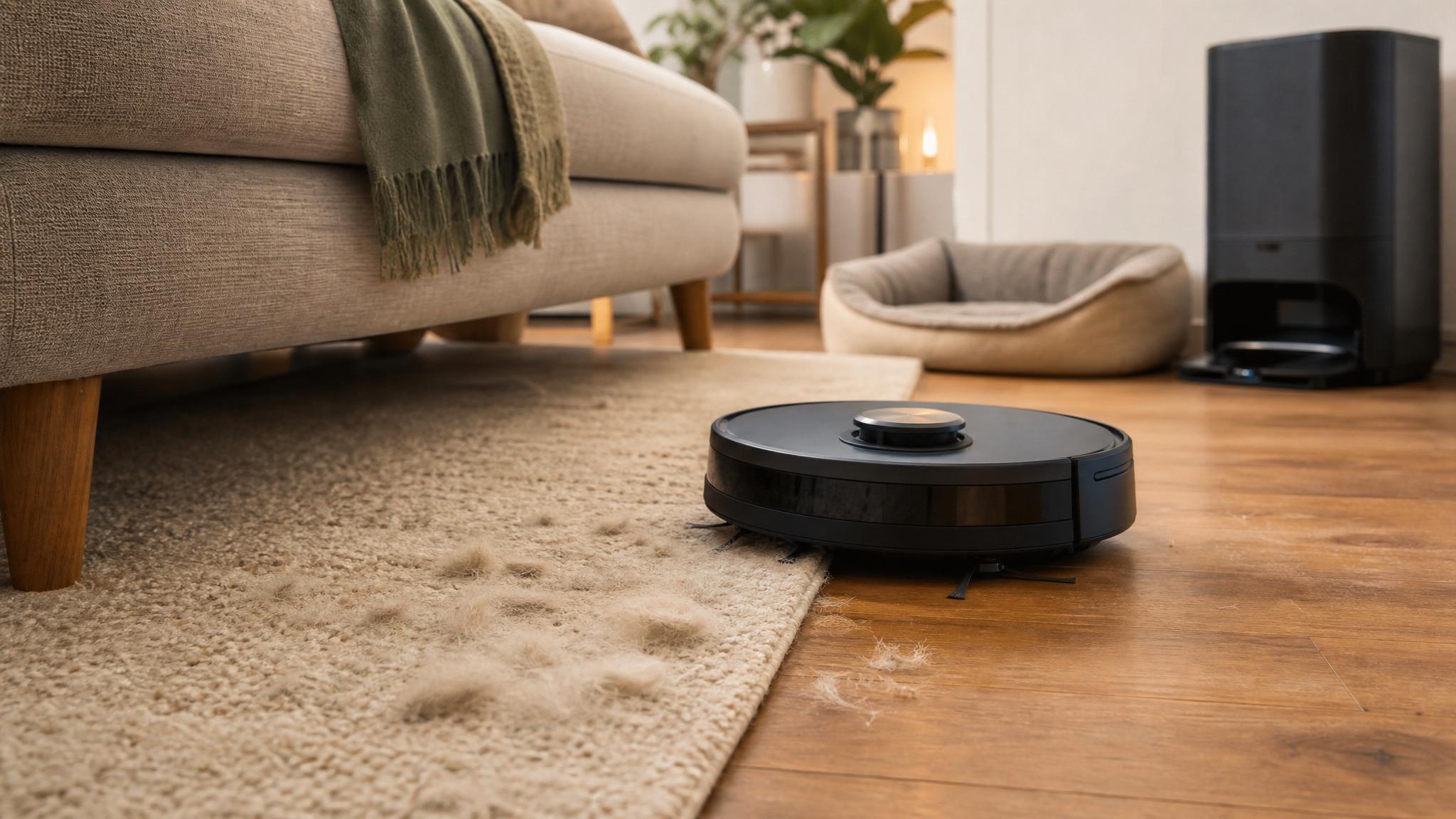 Robot vacuum collecting pet hair from carpet and hard floor in a UK living room