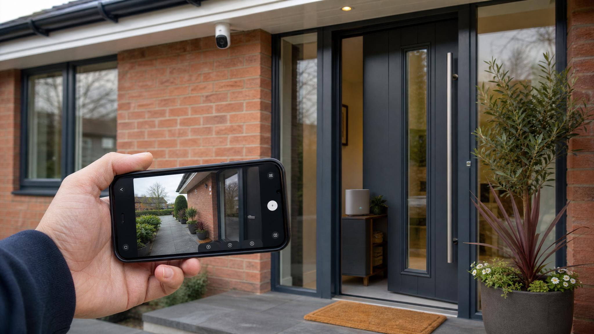 Outdoor security camera on a UK front porch with live view on a phone