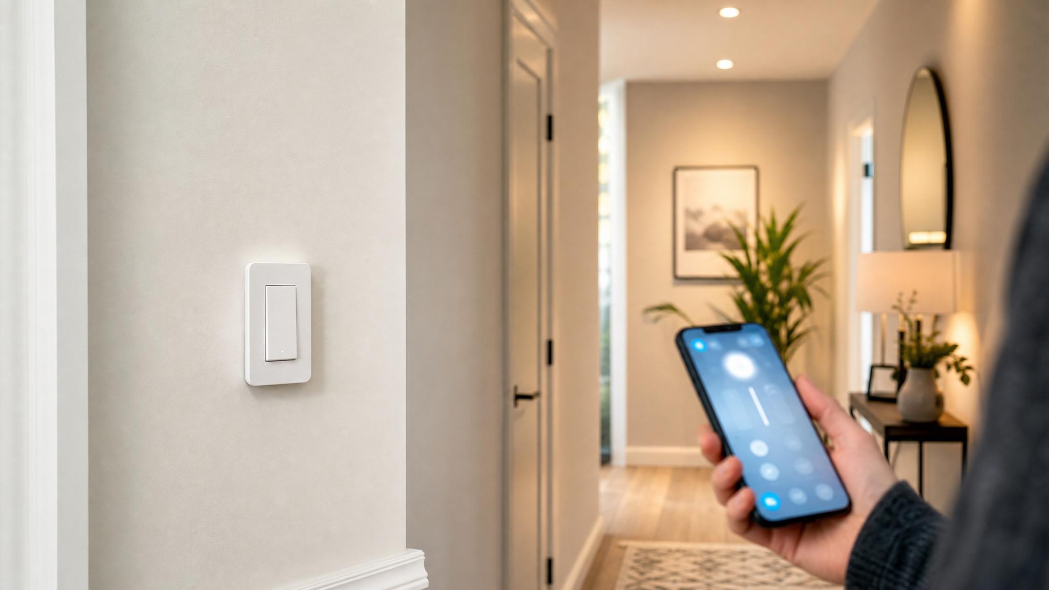 Smart light switch in a modern UK hallway controlled by a phone app