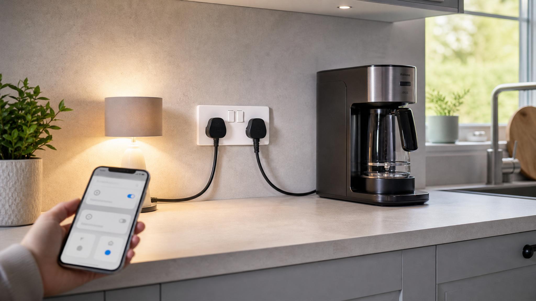 Smart UK wall socket controlling appliances in a modern kitchen