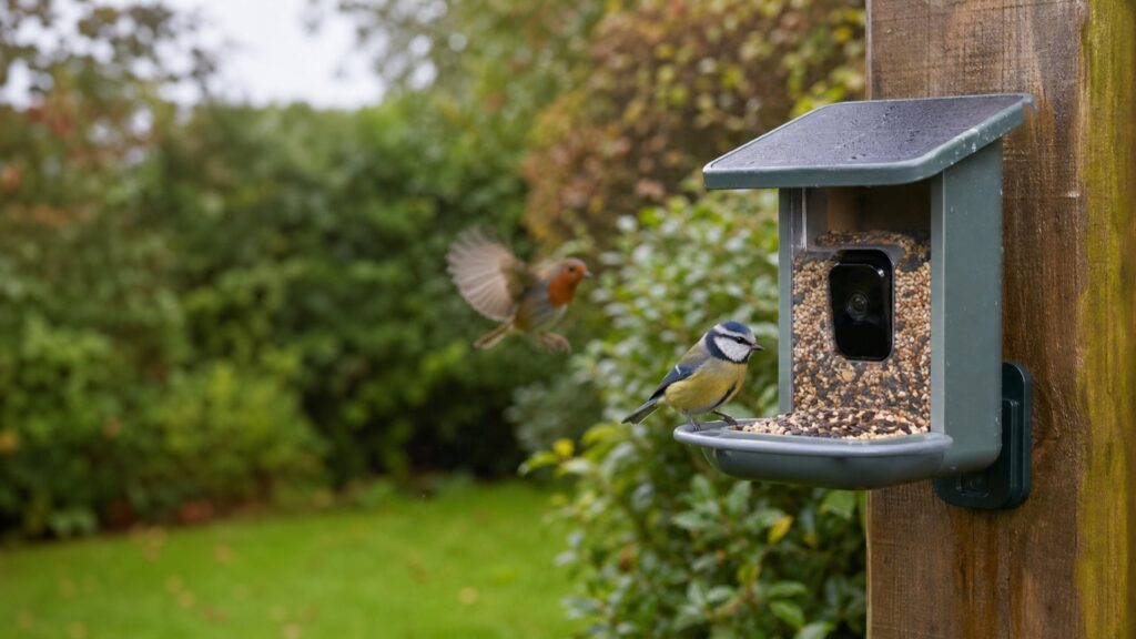 Smart bird feeder camera with blue tit and robin in a UK garden