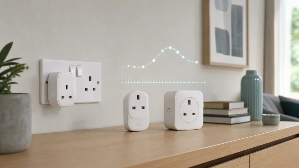 Three generic UK smart plugs beside a British wall socket and abstract energy graph