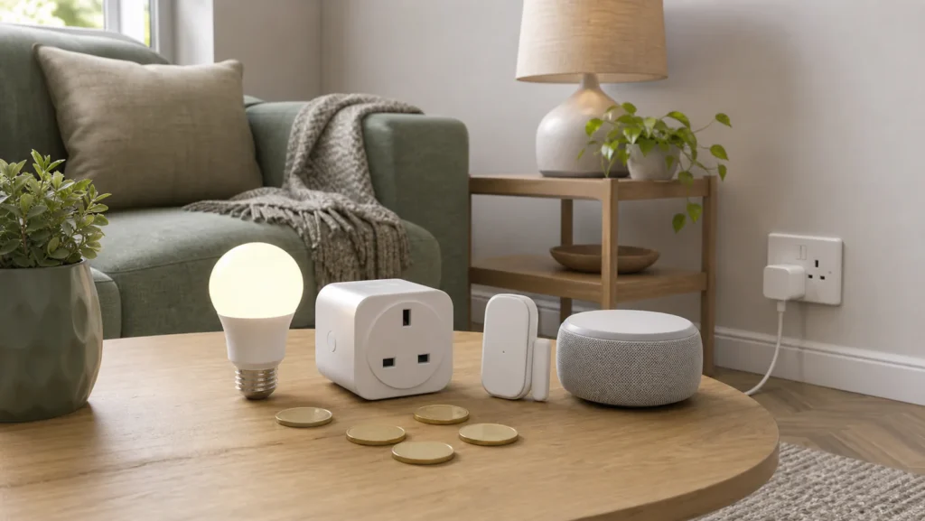 Small group of generic smart-home starter devices in a modest UK flat
