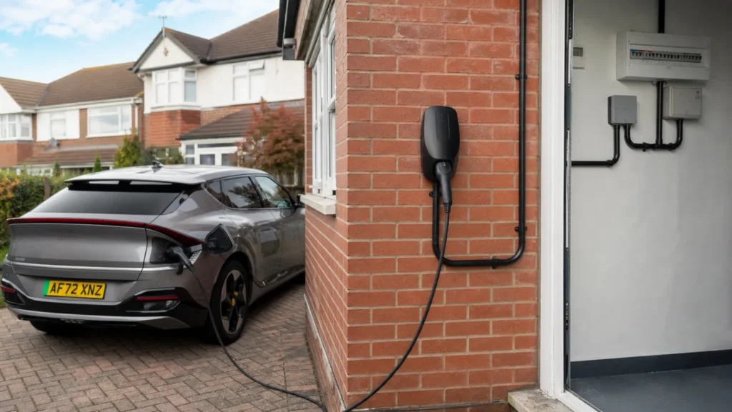 Generic tethered electric-car charger installed on a British brick home beside a parked EV
