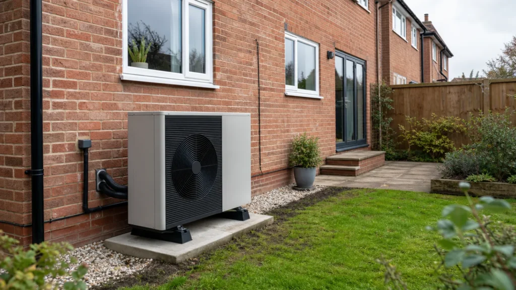 Air-source heat pump installed beside a British home