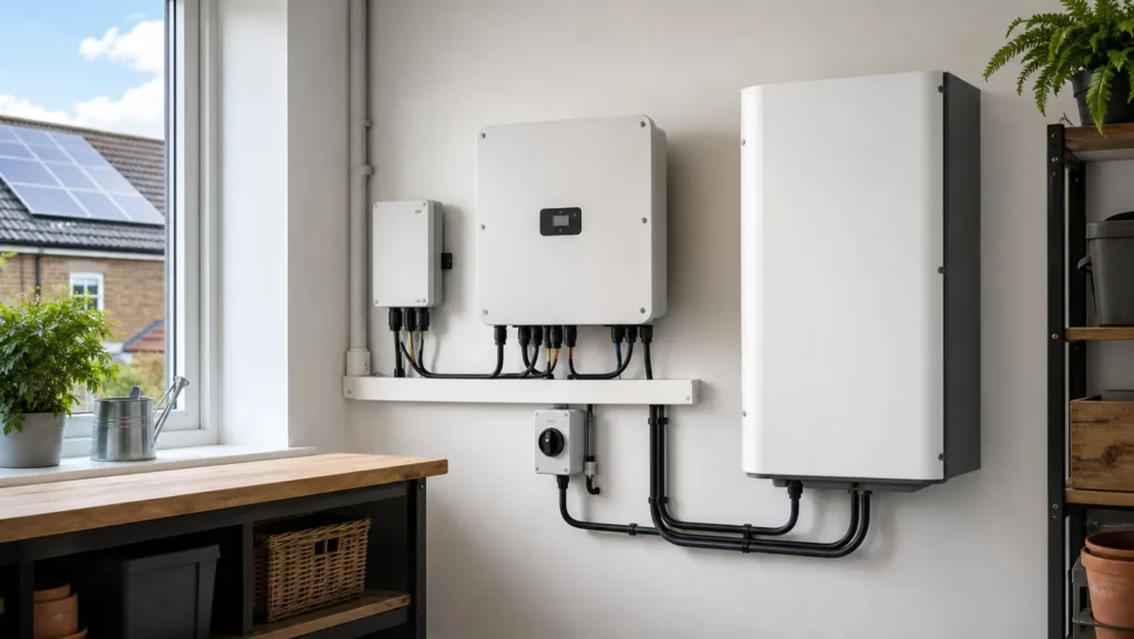 Professionally installed generic home battery inverter and gateway in a British utility room