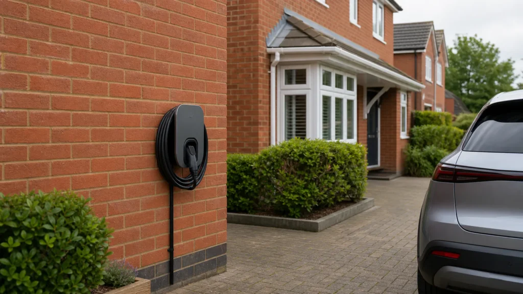 Generic wall-mounted EV charger and cable beside a British brick driveway