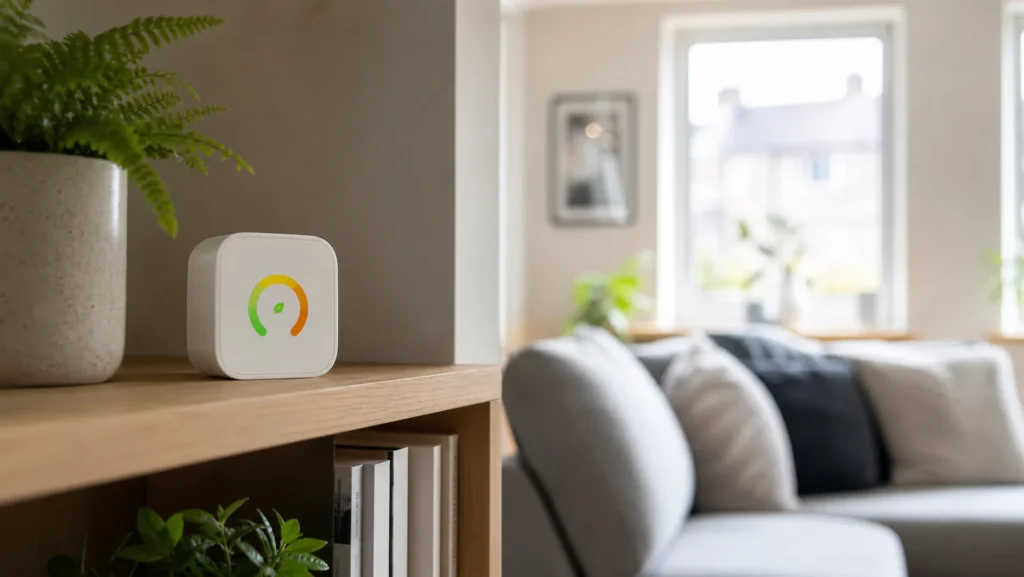 Generic indoor air-quality monitor beside a houseplant and an open window