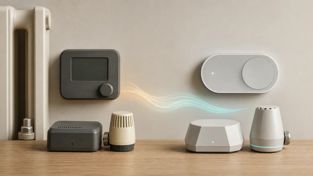 Older generic smart-heating kit beside a newer thermostat and radiator-control system