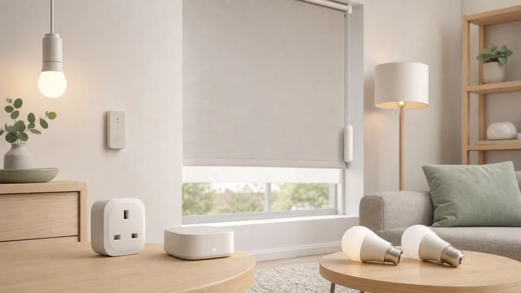 Generic smart bulbs, blind motor, remote, plug and hub in a pale modular room