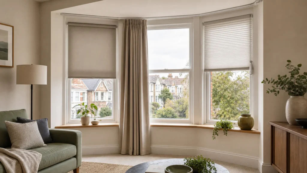 Bay window with a motorised roller blind, curtain track and retrofit chain drive