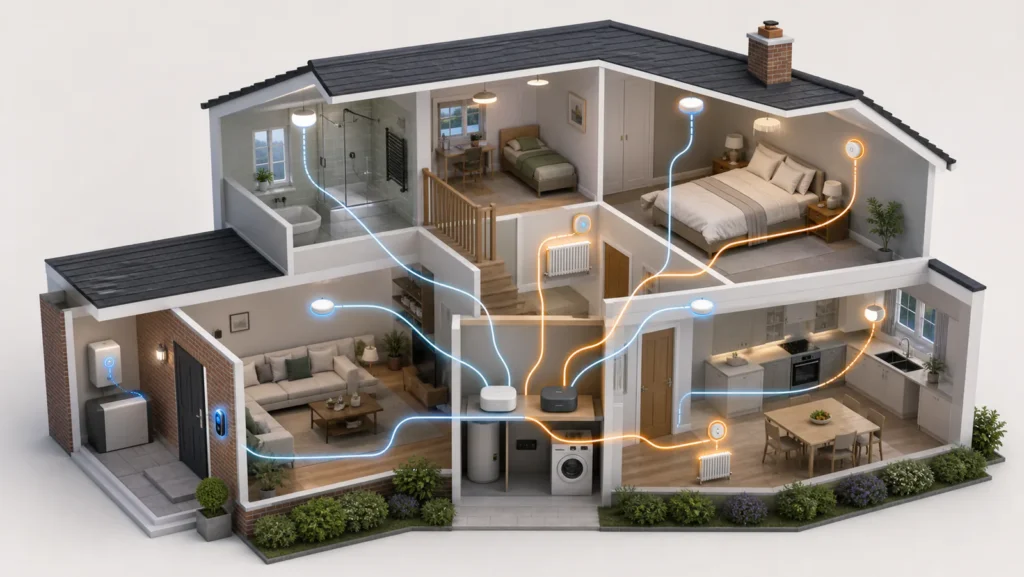 Cutaway British home with connected lighting, heating, security and energy devices