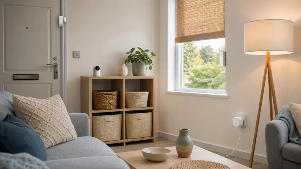 UK rental flat with removable plug-in, adhesive and freestanding smart-home devices