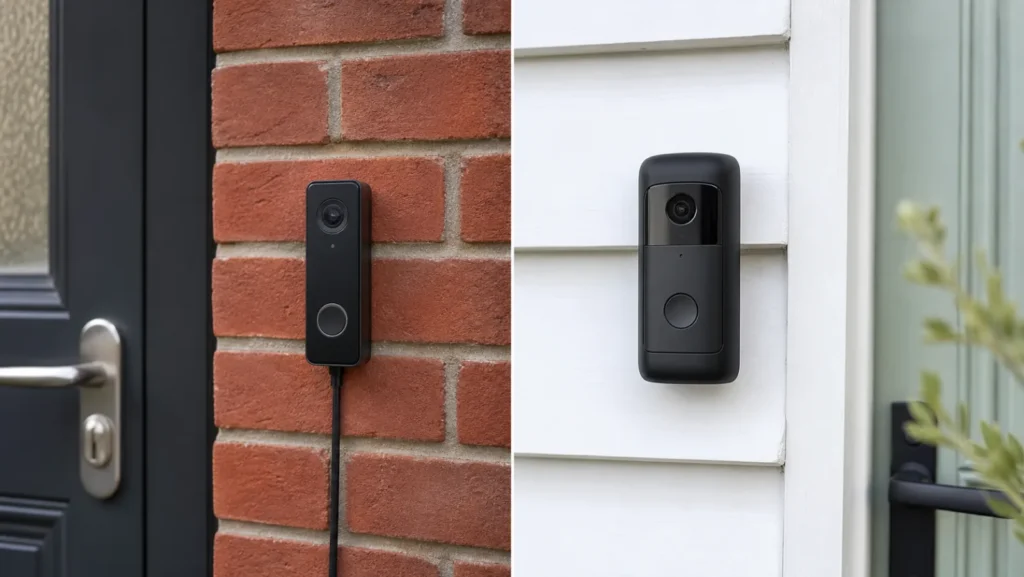 Generic wired and battery video doorbells shown on two British doorway finishes