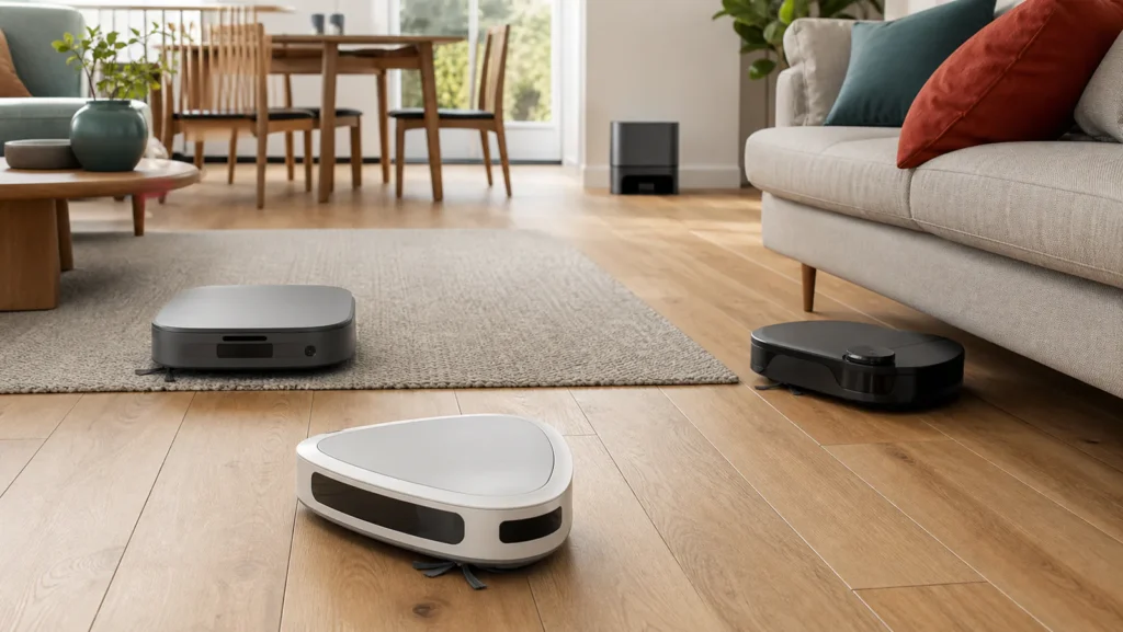 Three generic robot vacuums moving across hard floor and a rug in an open-plan room