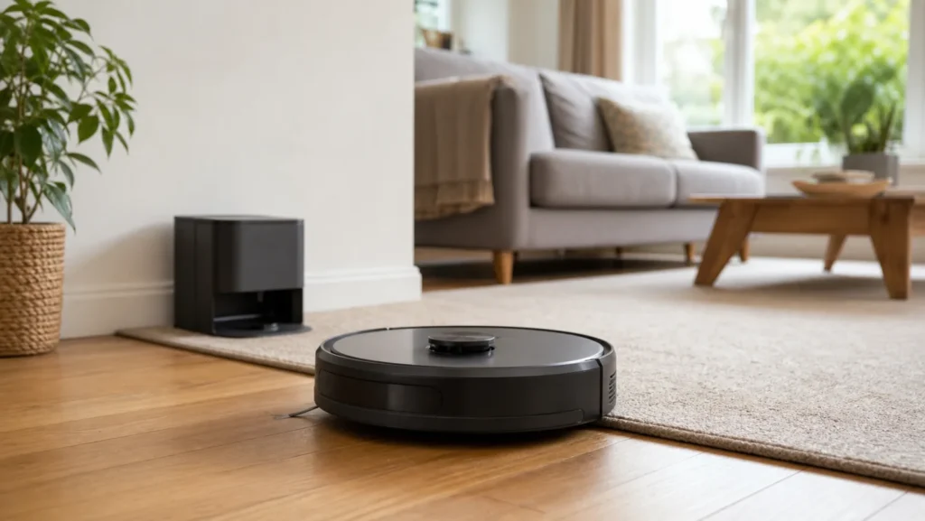 Generic robot vacuum crossing from a wooden floor onto a rug beside its charging dock