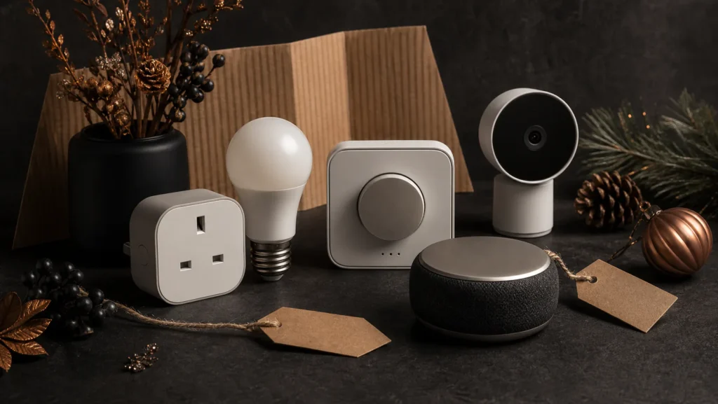 Generic smart-home devices arranged with blank tags and a delivery box
