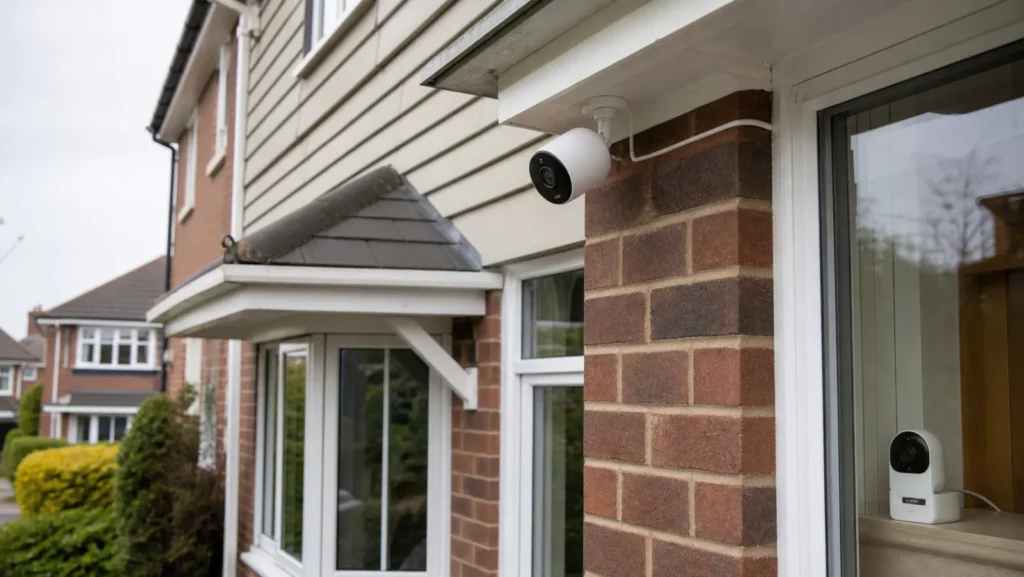 Generic indoor and outdoor smart security cameras installed at a British home