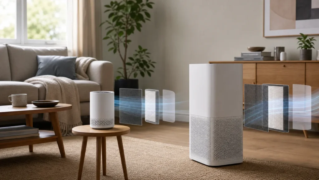 Two generic air purifiers in a British living room with a subtle airflow illustration