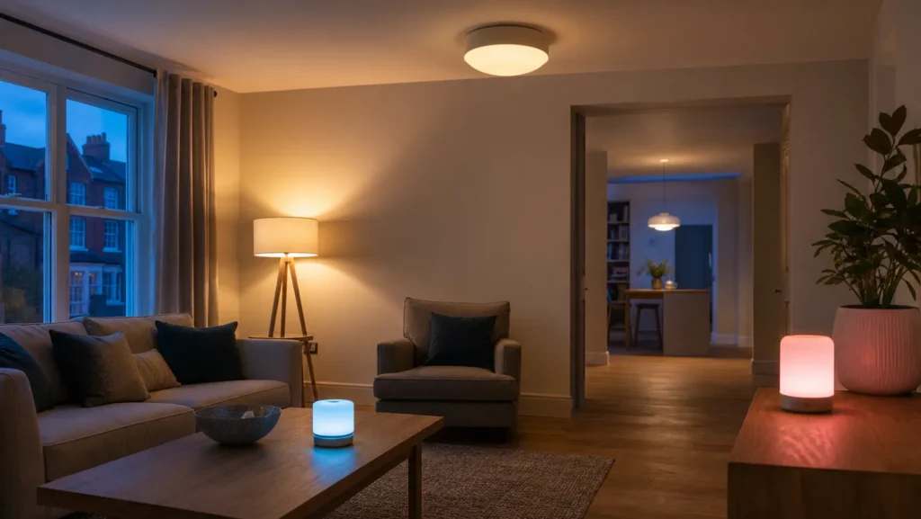 Generic smart lamps creating warm white and coloured lighting zones in a British living room