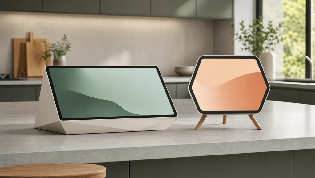 Two generic smart displays with abstract screens on a kitchen island