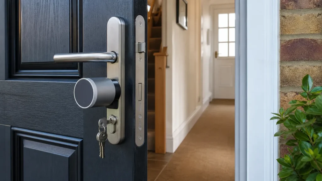 Generic retrofit smart lock fitted to a British multipoint front-door lock