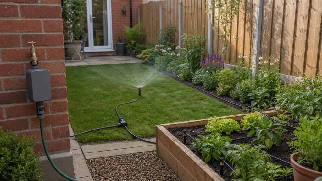 British garden with a generic tap controller and separate lawn and border watering zones