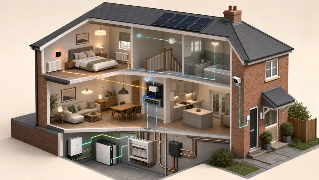 Cutaway British home showing heating, lighting, networking, security and energy installation zones