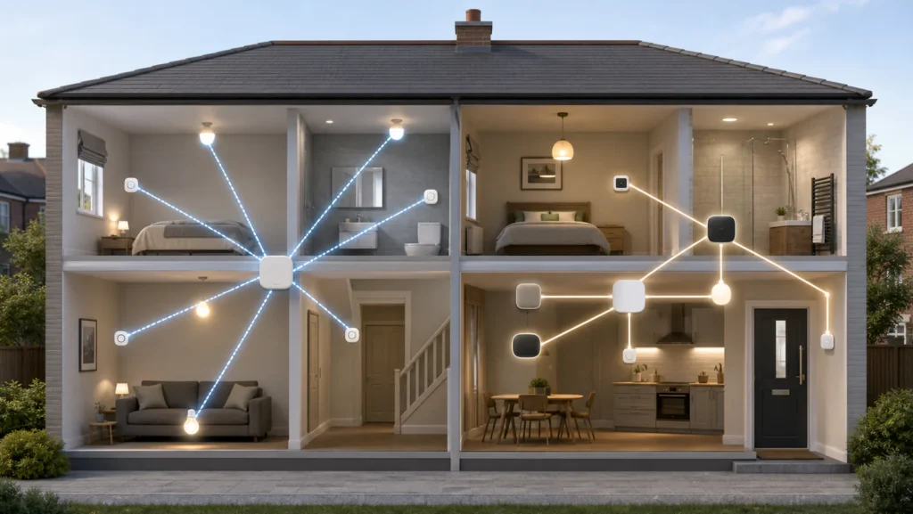Hub-centred sensor mesh beside an interoperable smart-home network