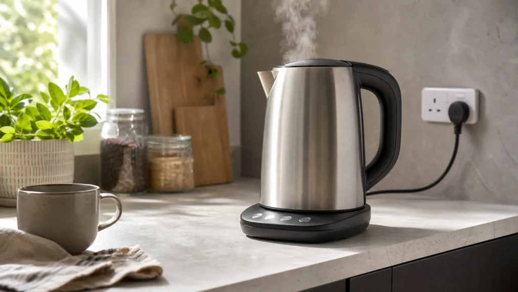 Generic electric kettle with a separate control beside a mug on a kitchen worktop
