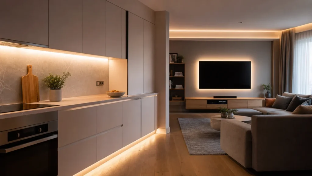 Generic concealed light strips installed beneath kitchen cabinets and behind a television