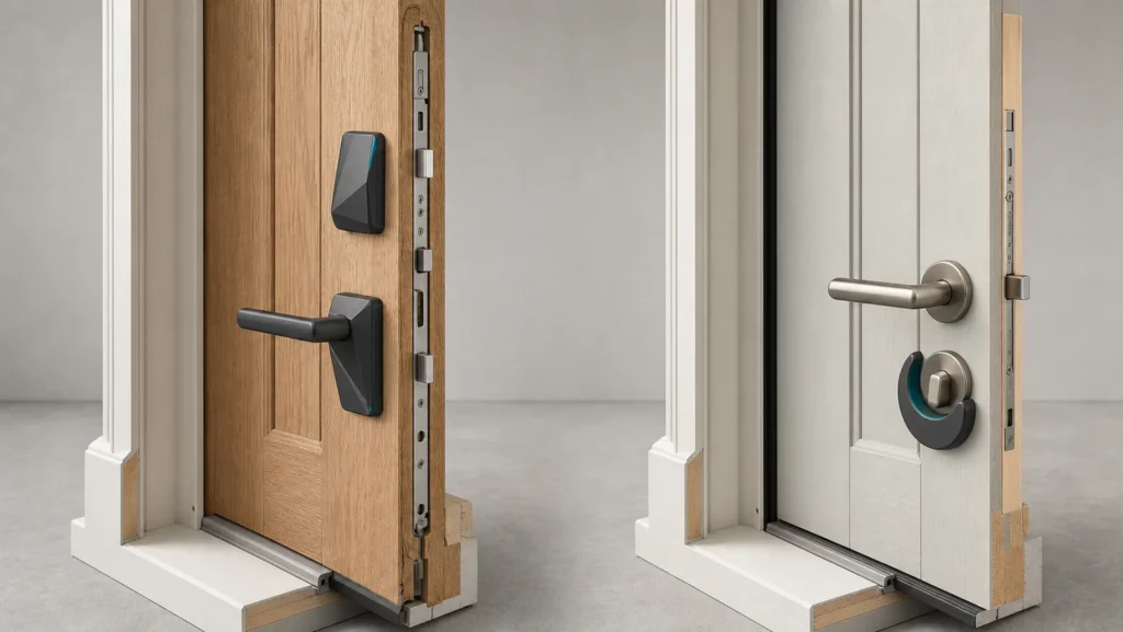 British doors with a full replacement smart lock and an internal retrofit lock module