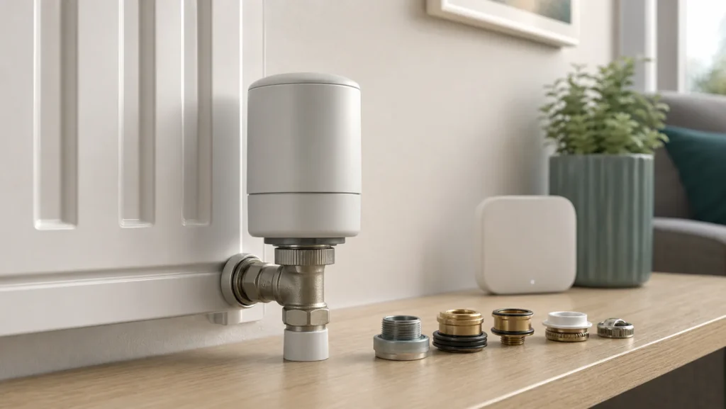 Generic smart radiator valve on a panel radiator with several valve adaptors nearby
