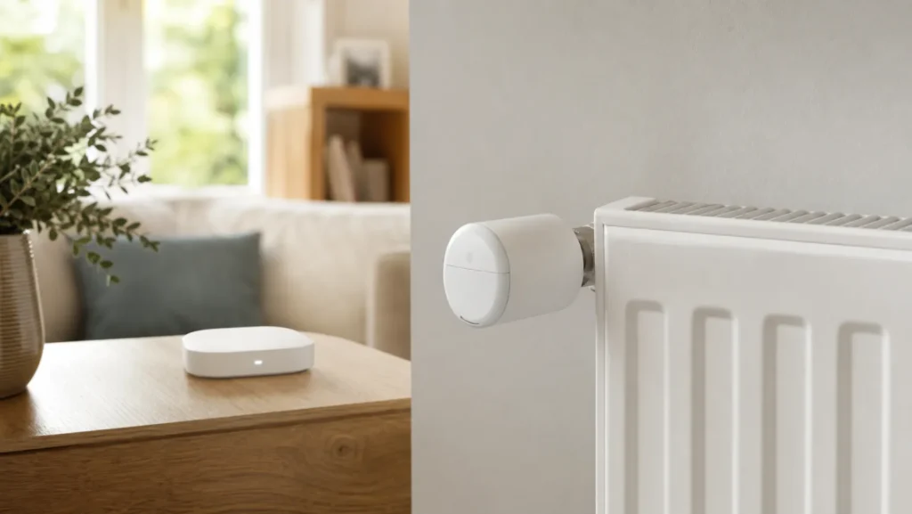 Generic smart radiator valve fitted to a panel radiator with a small hub nearby